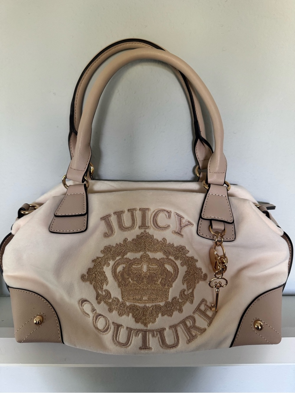 Juicy Couture Blush Beige Embroidered Logo Satchel with Gold Charm